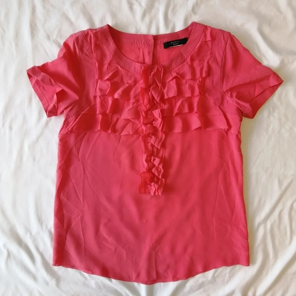Weekend MaxMara Silk Ruffle Front Short Sleeve T-Shirt Blouse Pink Small - Picture 7 of 13